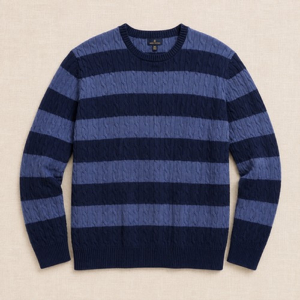 Brooks Brothers Mens 2XL Blue Striped Cable Knit Crew Neck Pullover Sweater - Picture 11 of 11